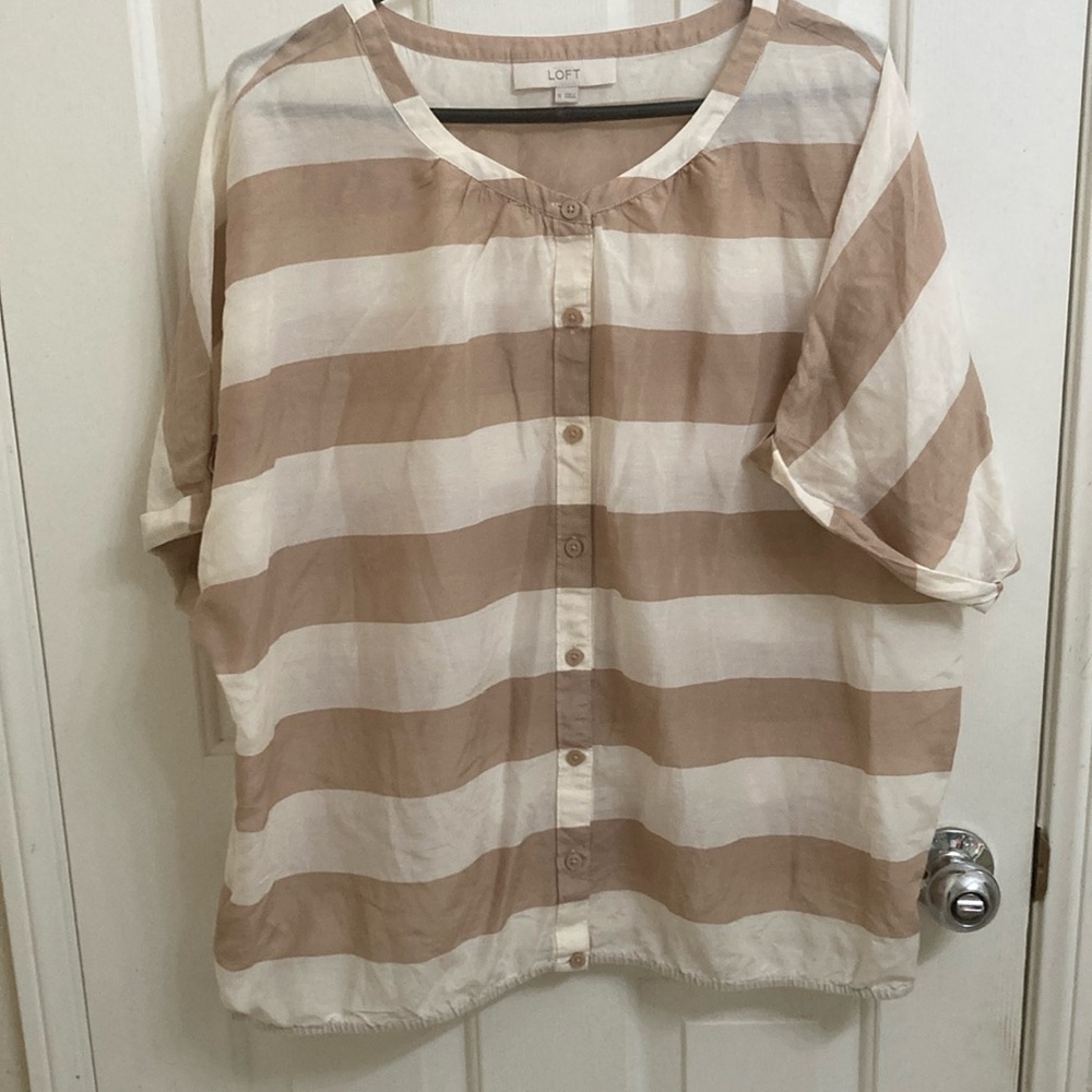LOFT Tan and White Boxy Button Down Blouse
